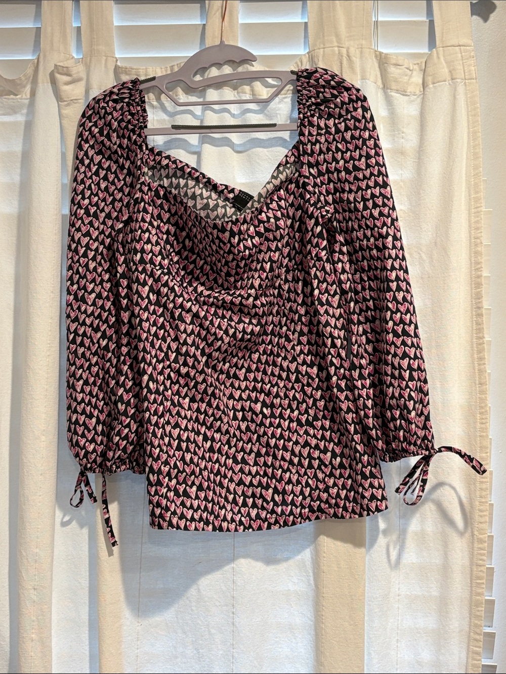 Barneys New York Pink & Black Heart-Print Long Sleeve Blouse Sweetheart Women’s